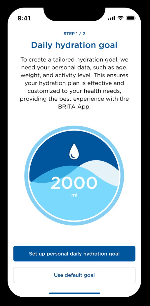 App-Screen zur Festlegung eines täglichen Hydrationsziels mit 2000 ml als Beispielwert.