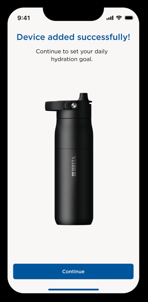 Bestätigung in der App: „Device added successfully!“ mit Abbildung der verbundenen BRITA LARQ iQ Flasche.