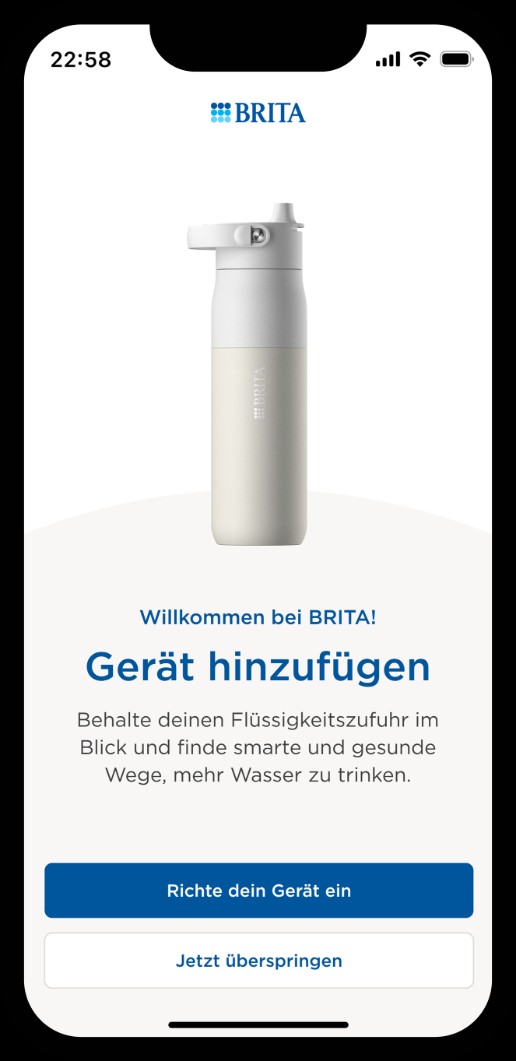 Startbildschirm der BRITA App mit Option „Add your device“, um die BRITA LARQ iQ Flasche zu verbinden.