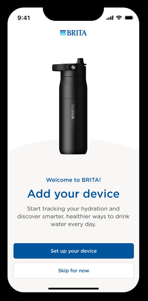 Startbildschirm der BRITA App mit Option „Add your device“, um die BRITA LARQ iQ Flasche zu verbinden.