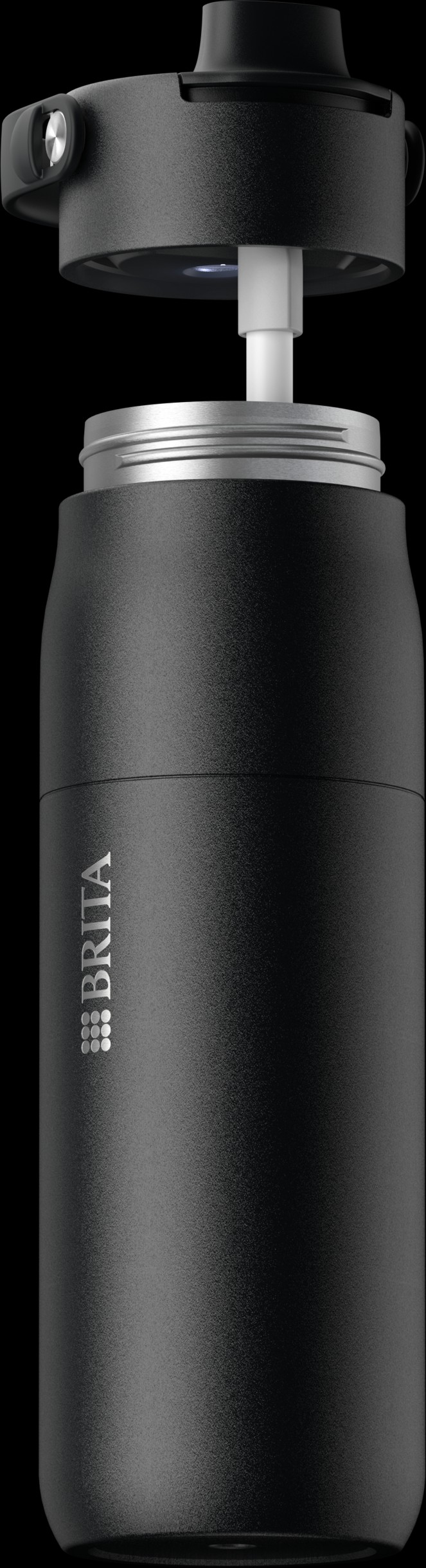 Explosionsdarstellung der BRITA LARQ iQ Flasche mit abgenommener Cap und eingesetztem Filter.