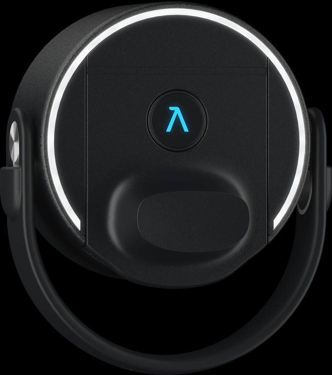 Ansicht des Flaschendeckels von oben mit Leuchtring und Lambda-Zeichen, beides Symbole für Smart-Tracking.